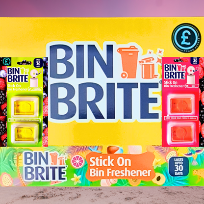 BIN BRITE packaging with colorful designs and text on a yellow background