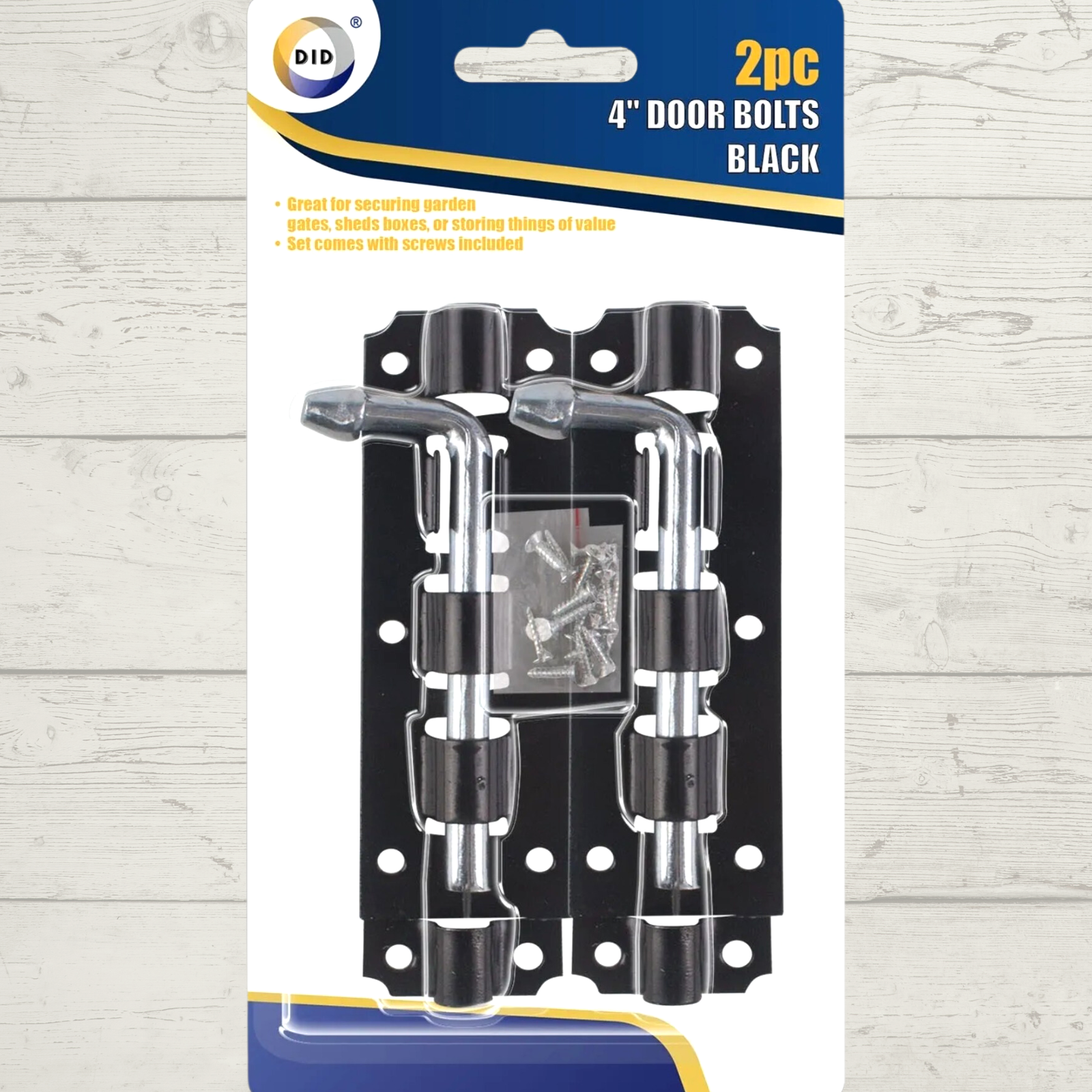 Packaging of 4-inch door bolts with a clear window on a white background