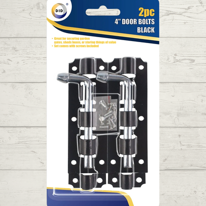 Packaging of 4-inch door bolts with a clear window on a white background