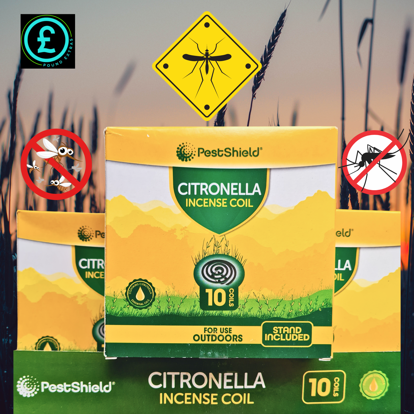 PestShield Citronella Incense Coil packaging with a background of tall grass and a warning sign.