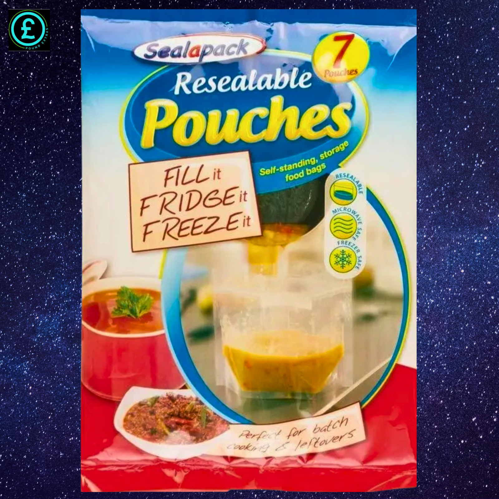 Sealapack resealable pouches packaging with images of food and text on a blue starry background.
