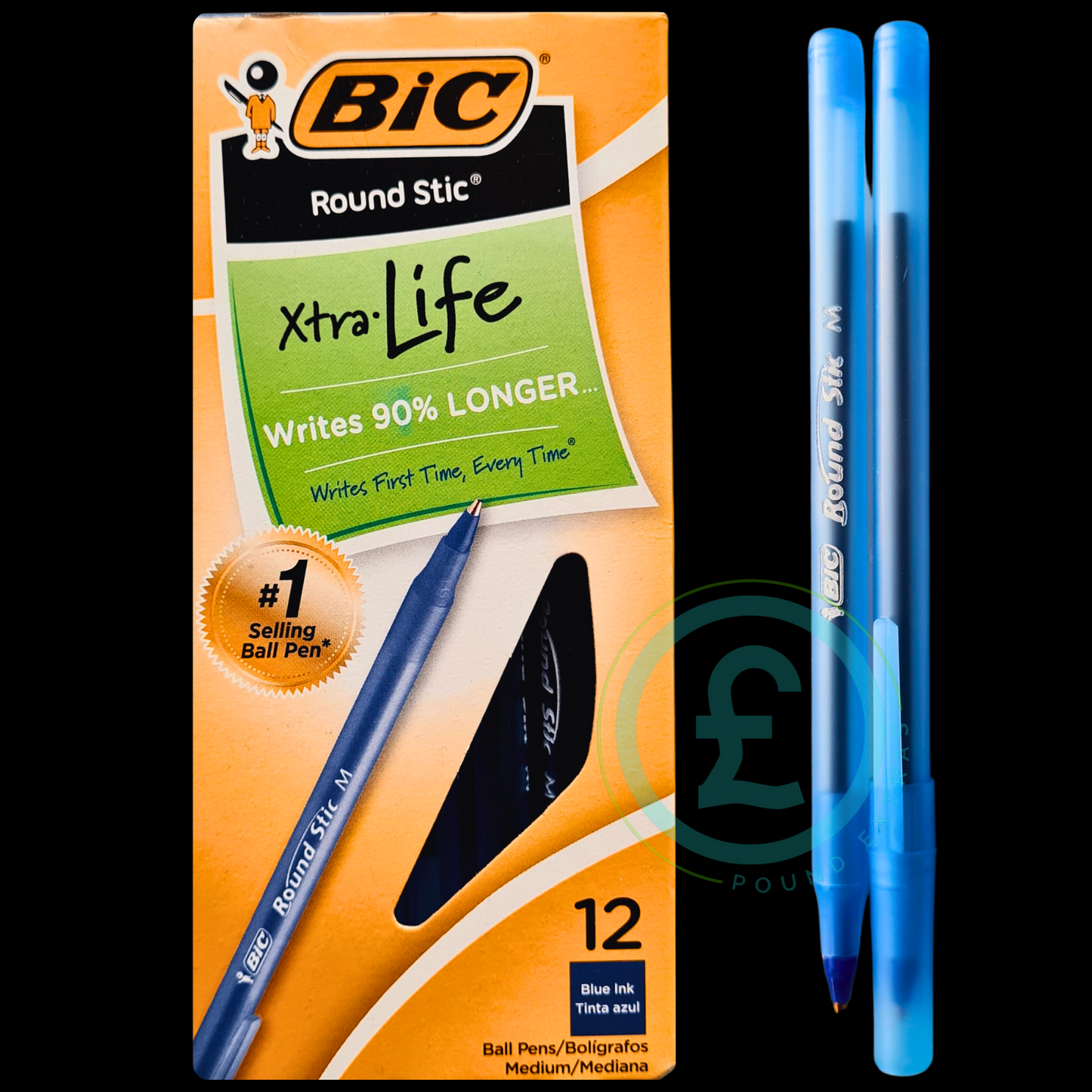 BIC Round Stic Xtra Life ball pen packaging with two pens on a white background