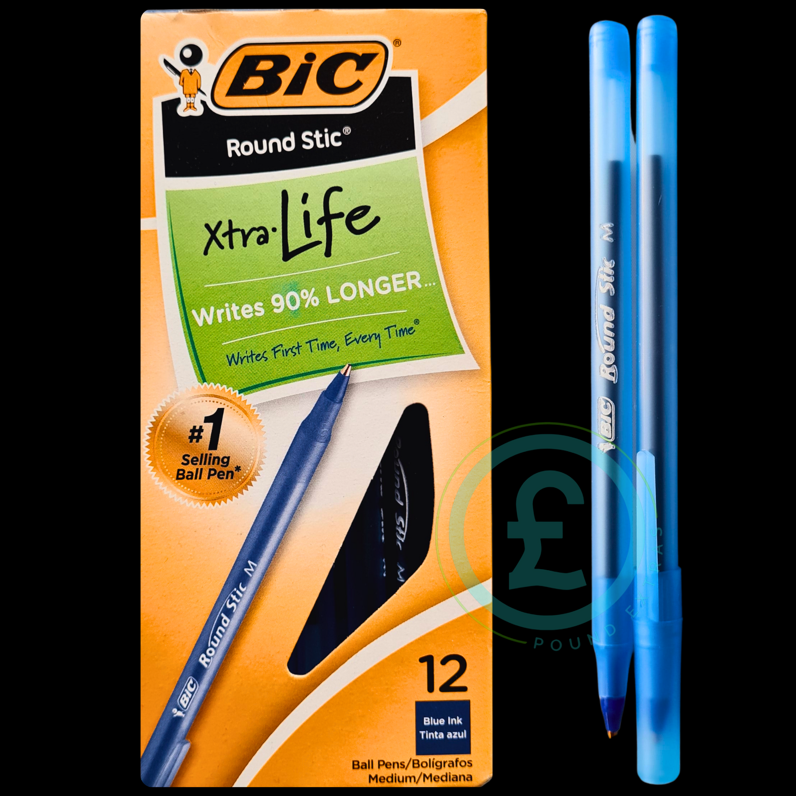 BIC Round Stic Xtra Life ball pen packaging with two pens on a white background