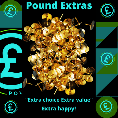 Gold push pins with Pound Extras branding and promotional text on a dark background