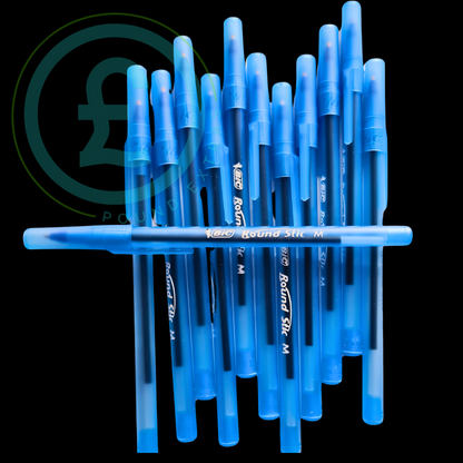 Blue pens with visible branding on a black background