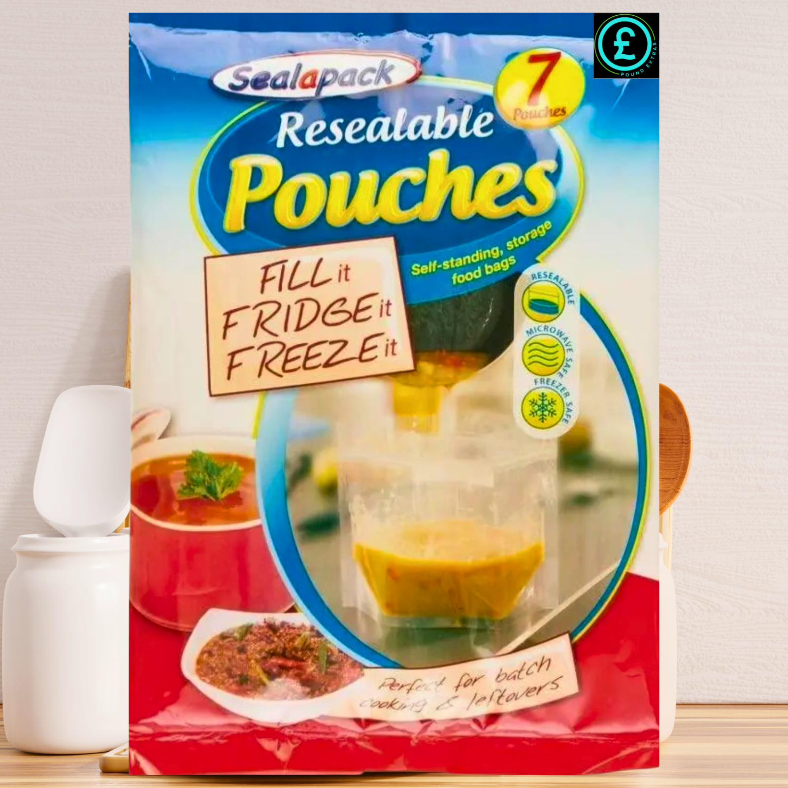 Sealapack resealable pouches packaging with images of food and text on a light background