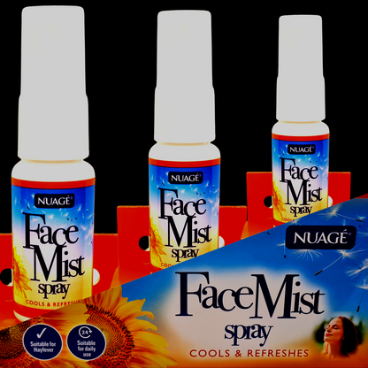 Three bottles of Nuage Face Mist spray on a black background with product packaging.