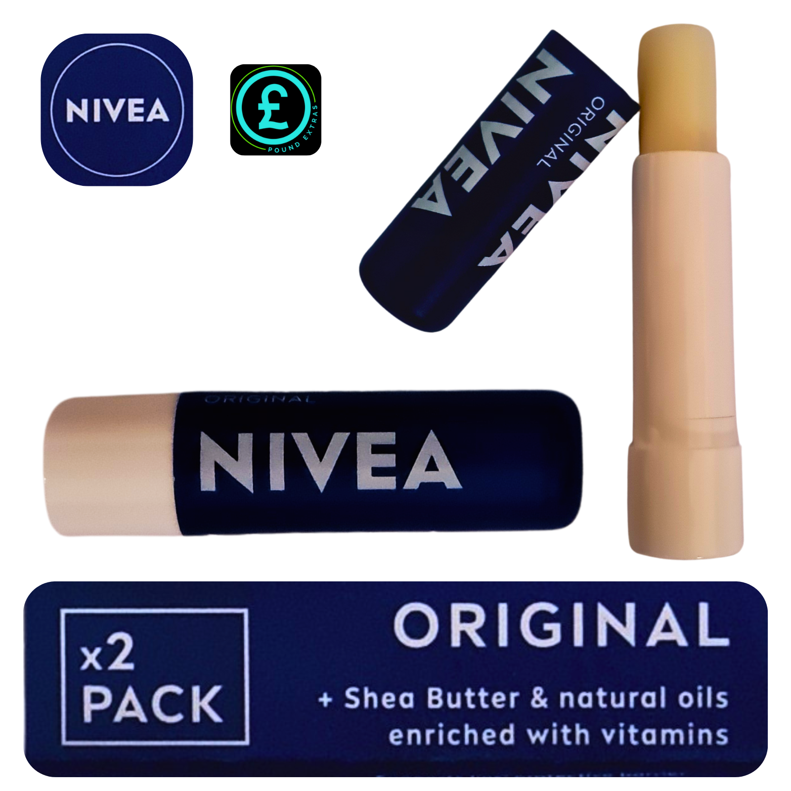 Nivea stick with packaging and branding elements on a white background