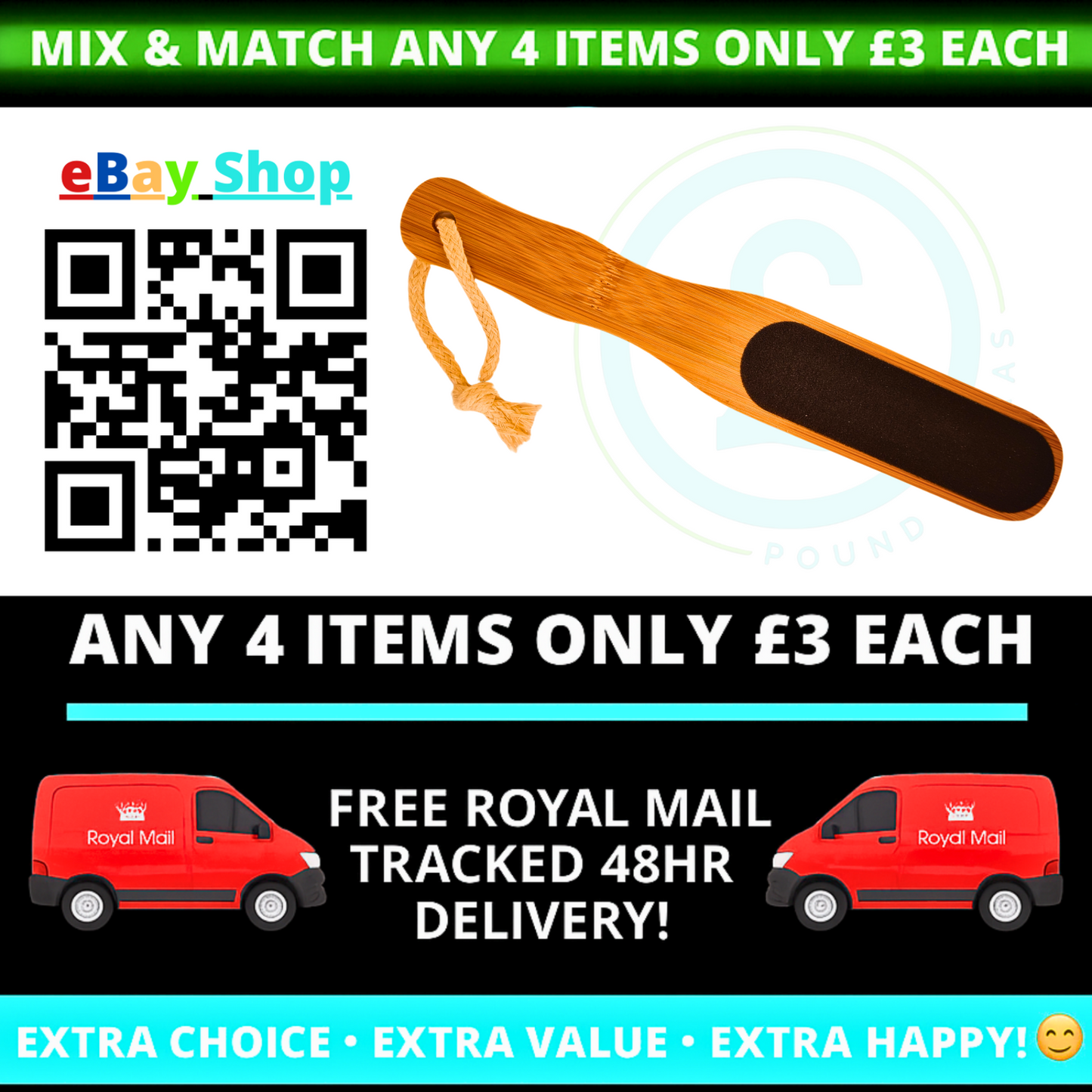 Promotional image of a wooden paddle with text about eBay Shop, pricing, and delivery options.