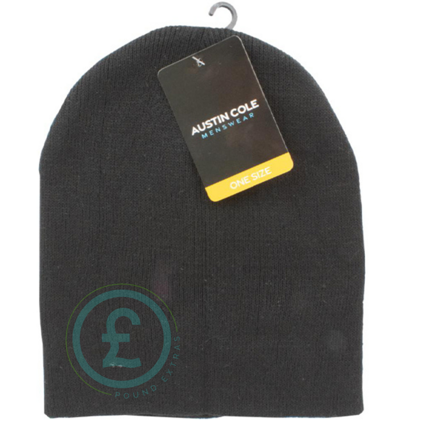 Black beanie with a tag on a white background