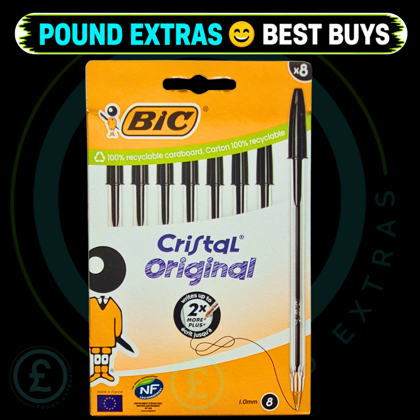 BIC Cristal Original Black Ink Ballpoint Pens 8 Pack Medium 1.0mm Office Smooth1