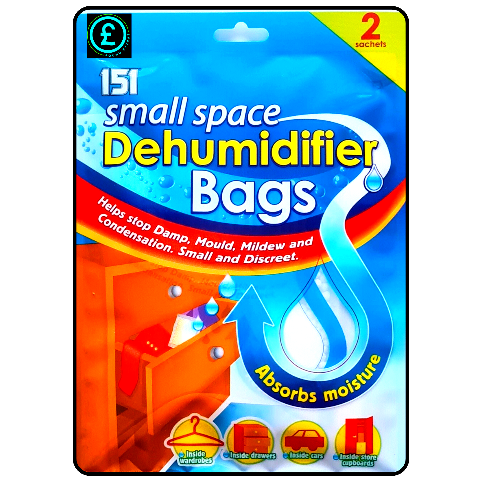 Pack of small space dehumidifier bags with colorful packaging on a white background