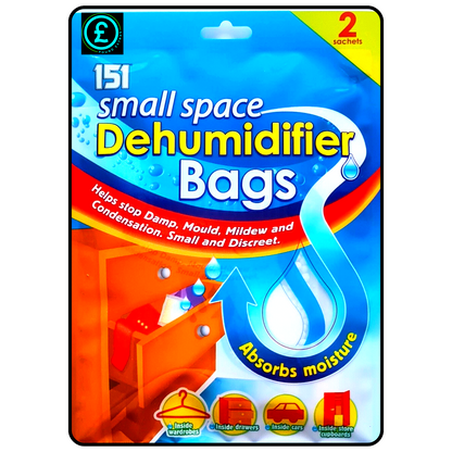 Pack of small space dehumidifier bags with colorful packaging on a white background