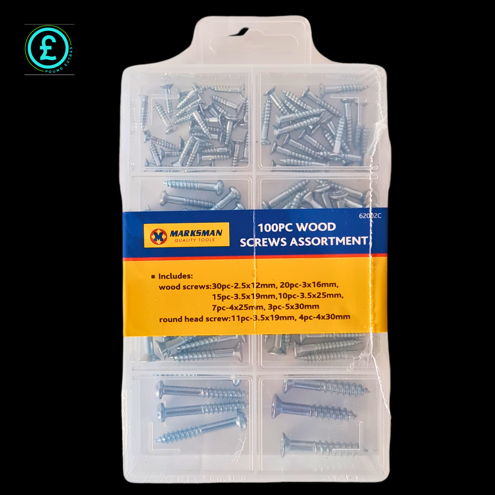 Pack of 100pc wood screws assortment by Marksman on a white background