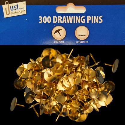 Pack of 300 drawing pins with a blue and white label on a black background