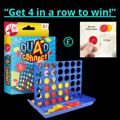 Quad Connect game set with packaging and playing pieces on a black background