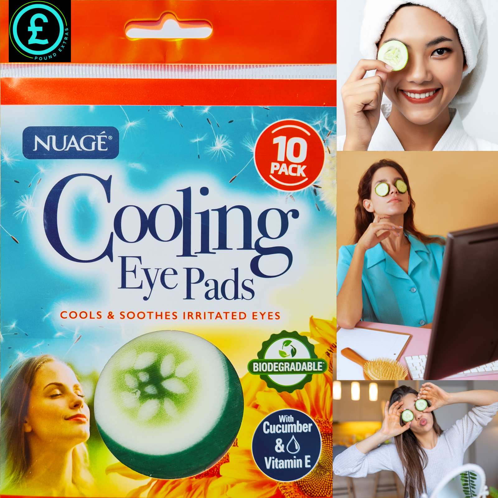 Packaging of Nuáge Cooling Eye Pads with images of a woman using them.