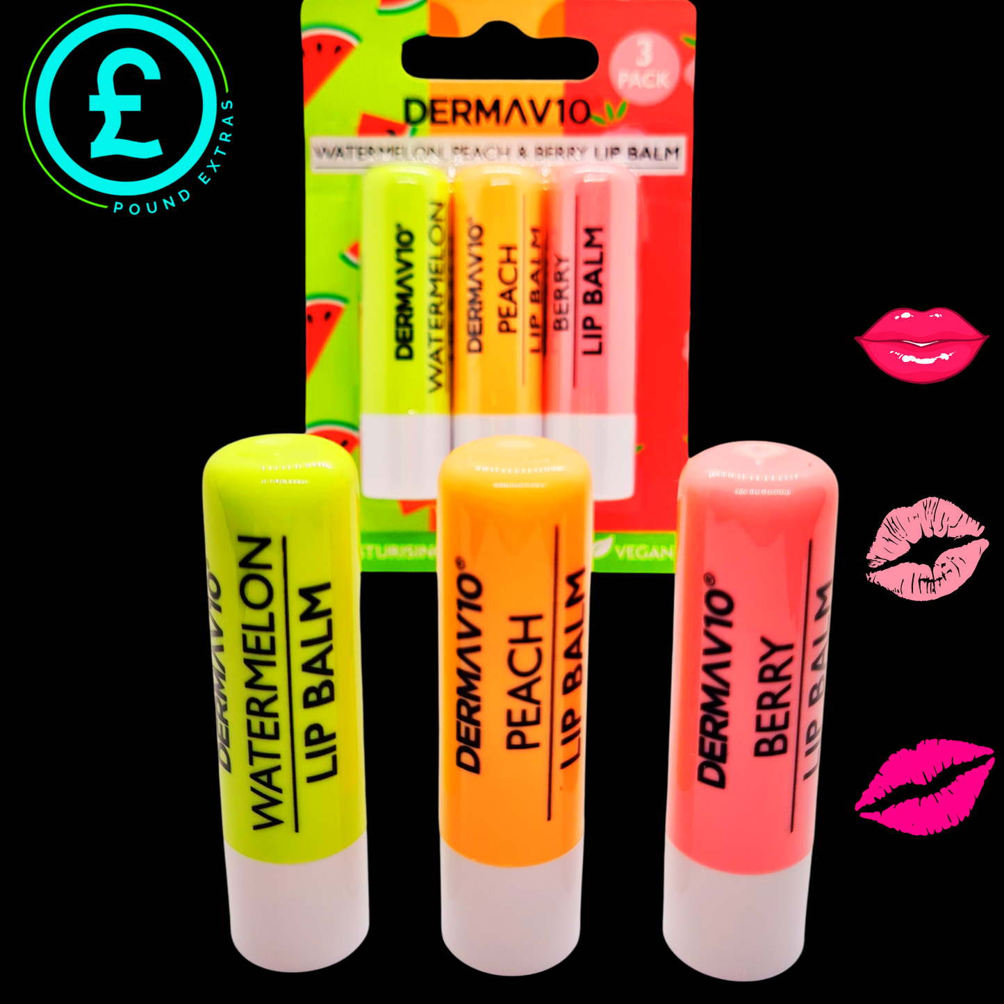 Three lip balms in different flavors with packaging in the background on a black background.
