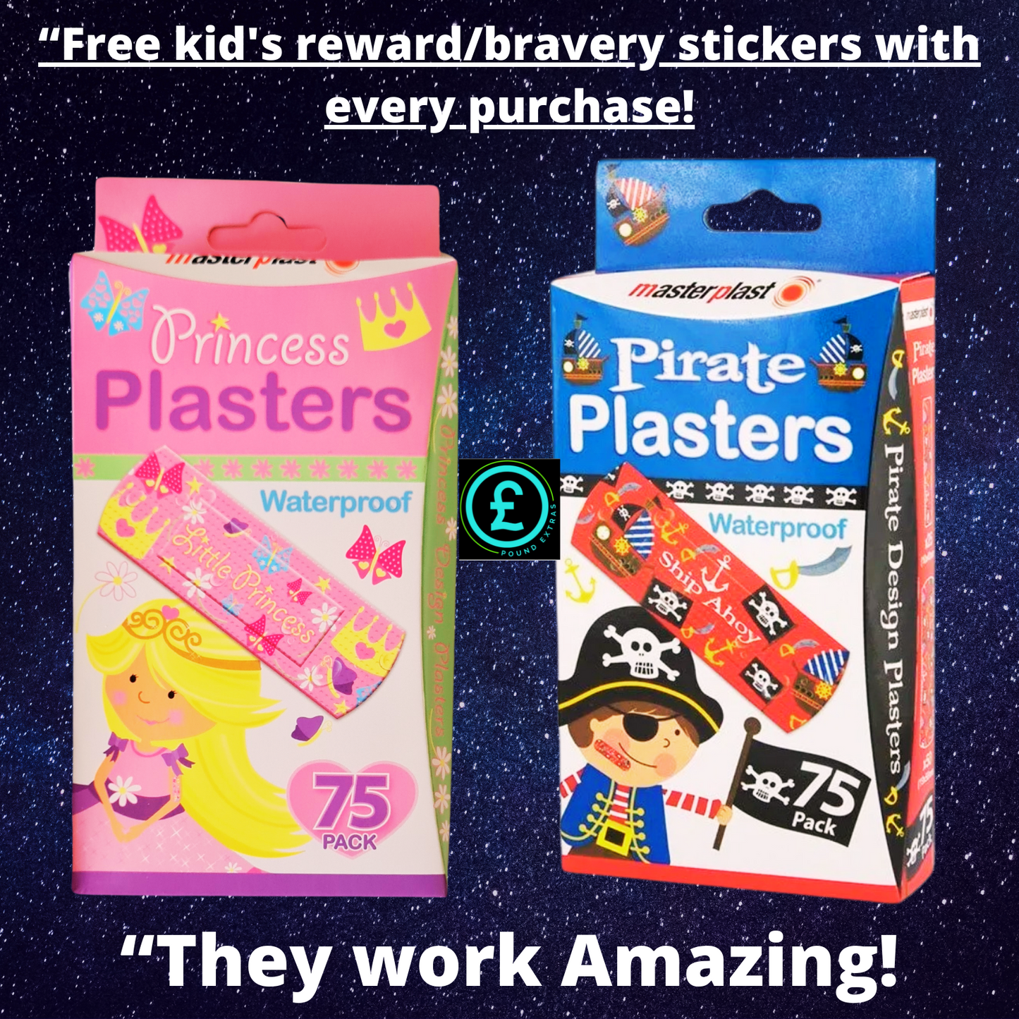 Two packs of waterproof plasters, one for princesses and one for pirates, with promotional text on a starry background.