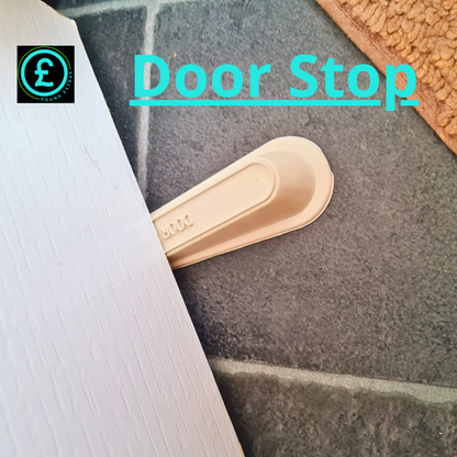 Beige door stopper on a textured surface with 'Door Stop' text and a brand logo.