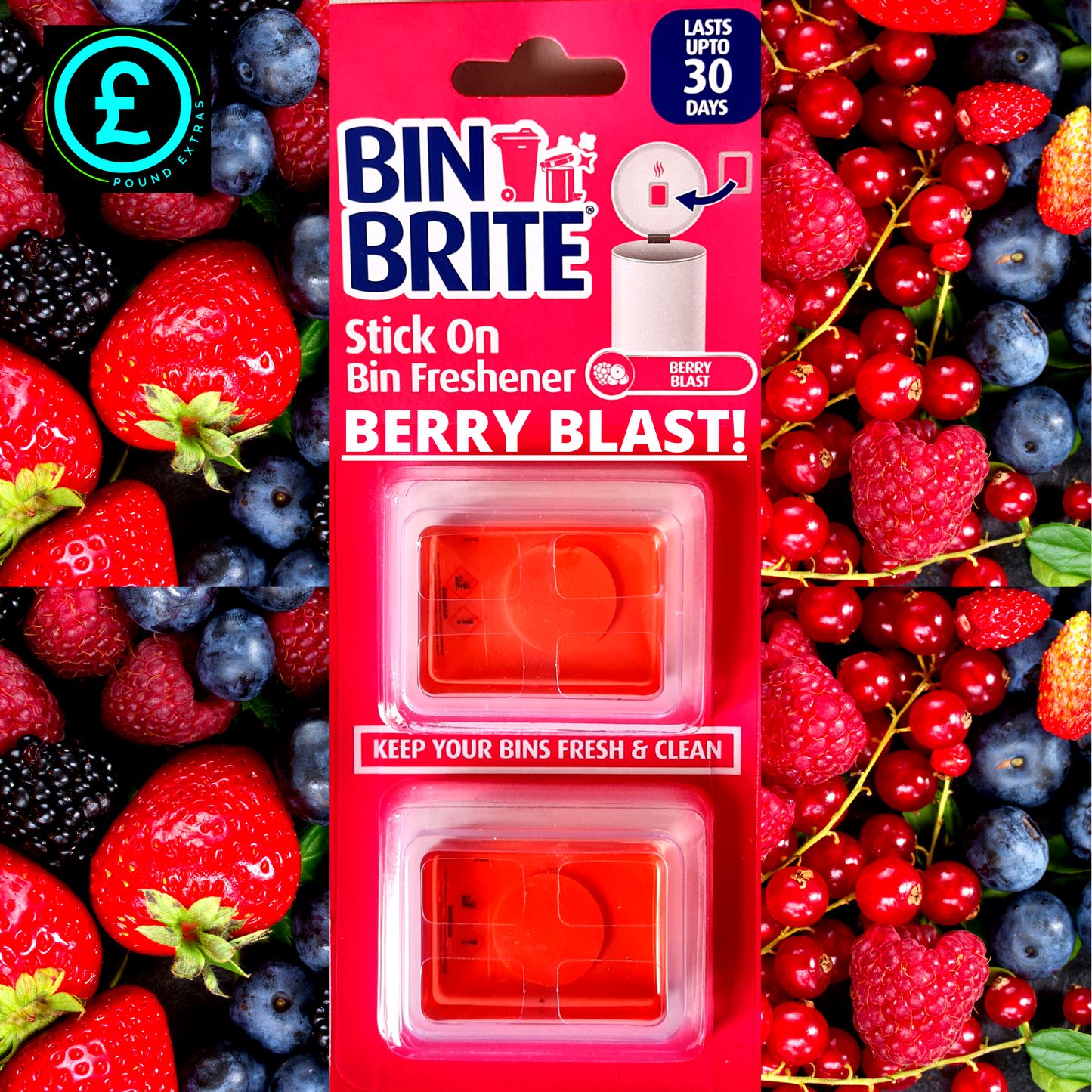Bin Brite Berry Blast bin freshener packaging surrounded by berries