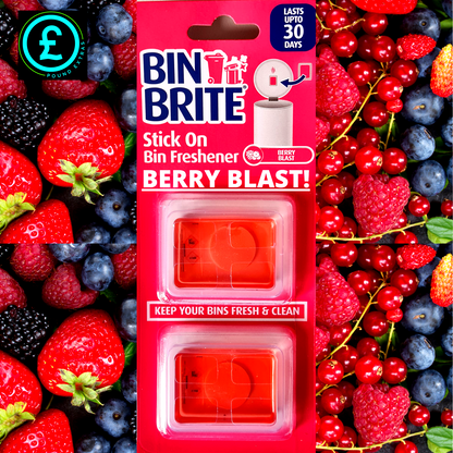 Bin Brite Berry Blast bin freshener packaging surrounded by berries