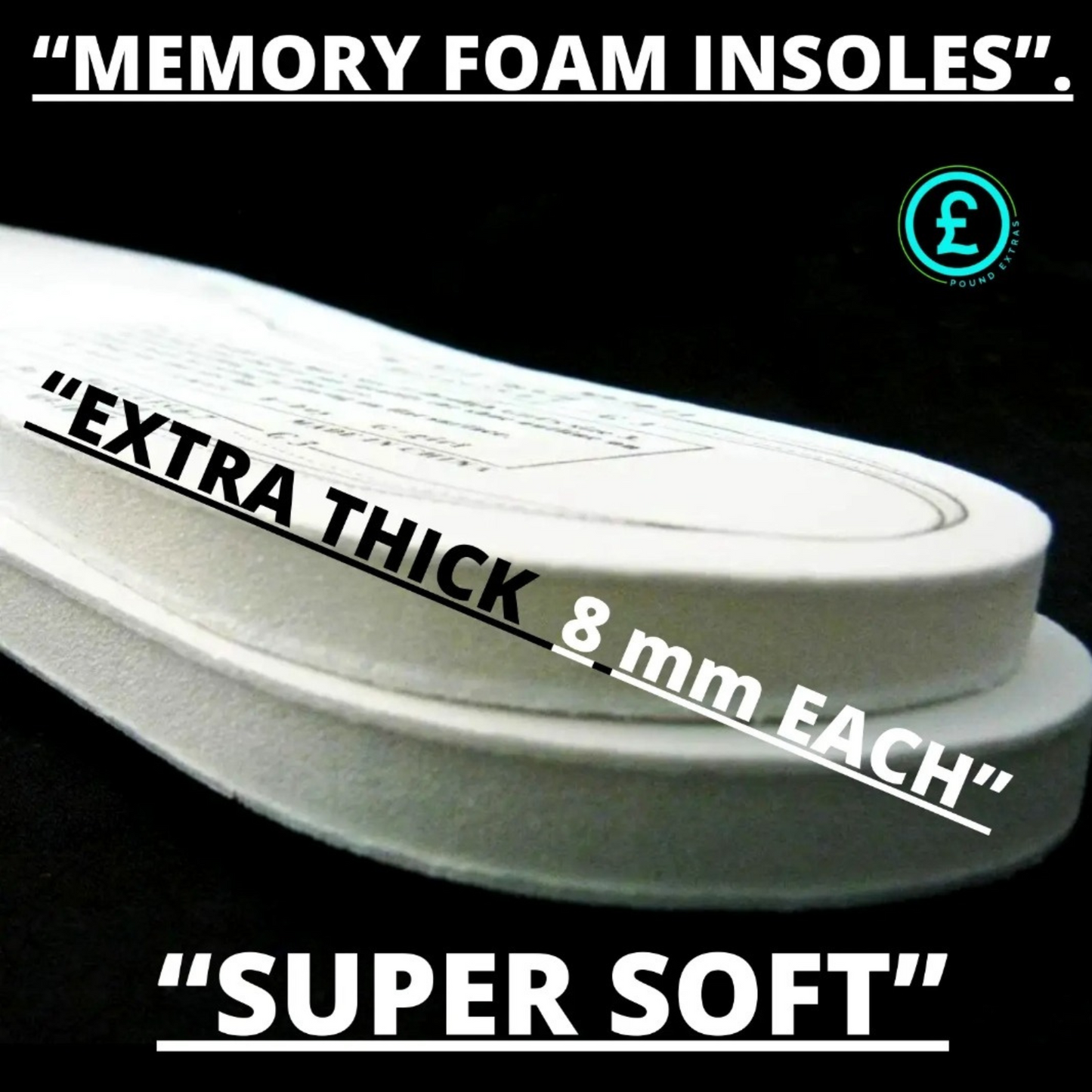 Memory foam insoles with text highlighting thickness and softness on a black background