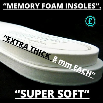 Memory foam insoles with text highlighting thickness and softness on a black background