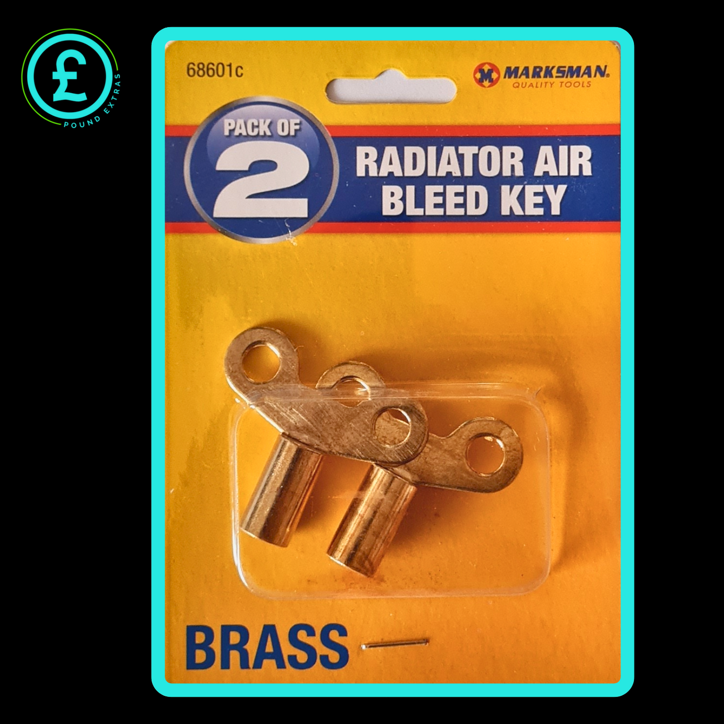 Pack of 2 brass radiator air bleed keys on a yellow and blue packaging with 'Marksman' branding.