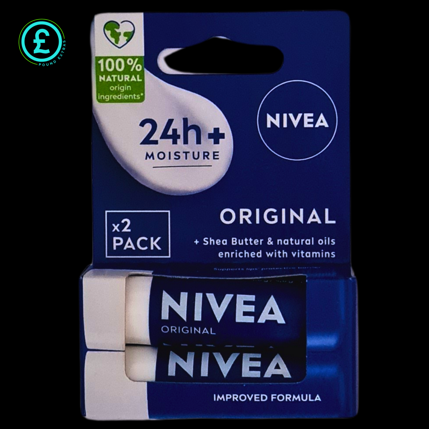 Nivea 24-hour moisture cream packaging with two sticks on a black background