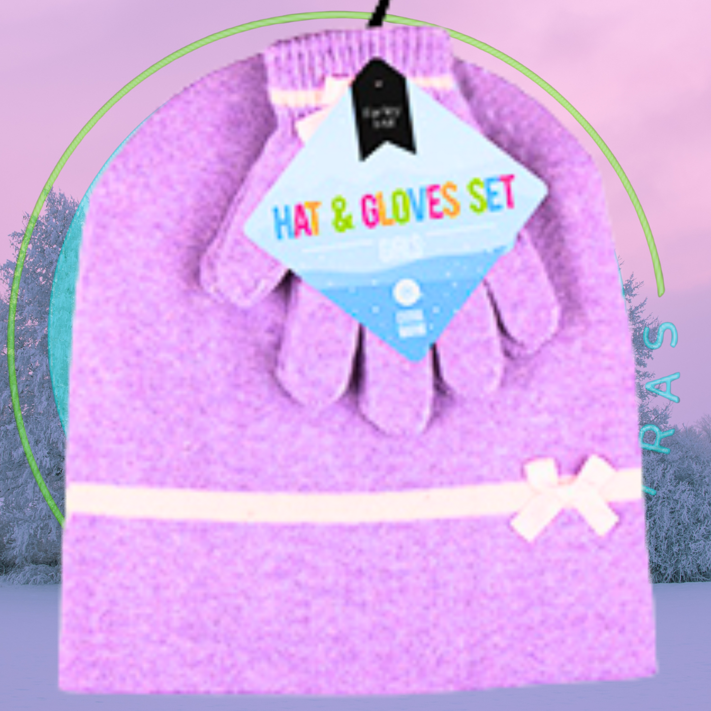 Purple hat and gloves set with a tag on a light purple background