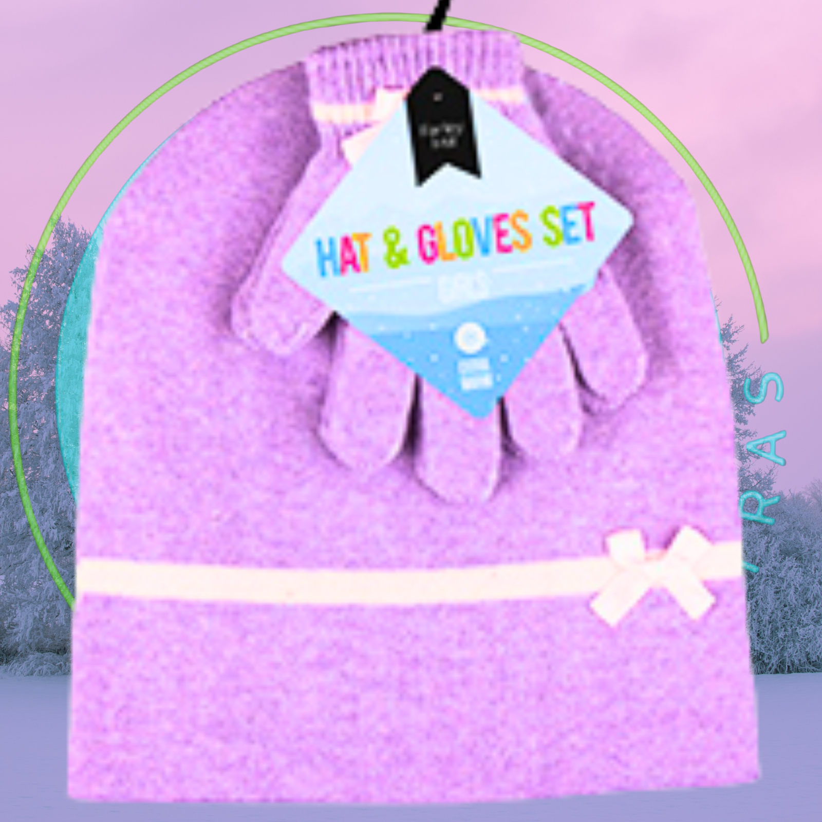 Purple hat and gloves set with a tag on a light purple background