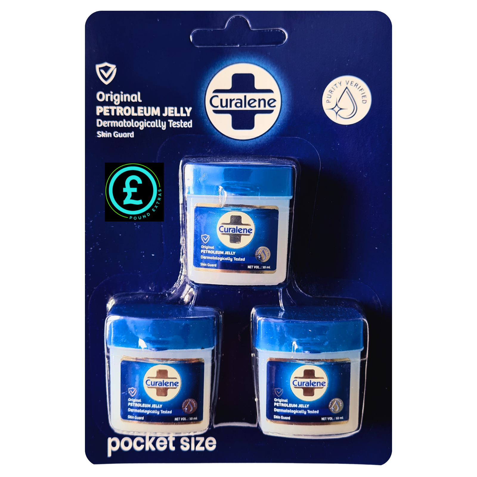 Curalene petroleum jelly packaging with three jars on a blue background