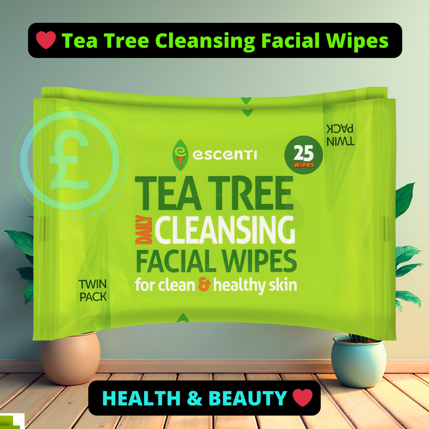 Escenti Tea Tree Cleansing Facial Wipes Twin Pack 25 Wipes for Skin Care Beauty❤0