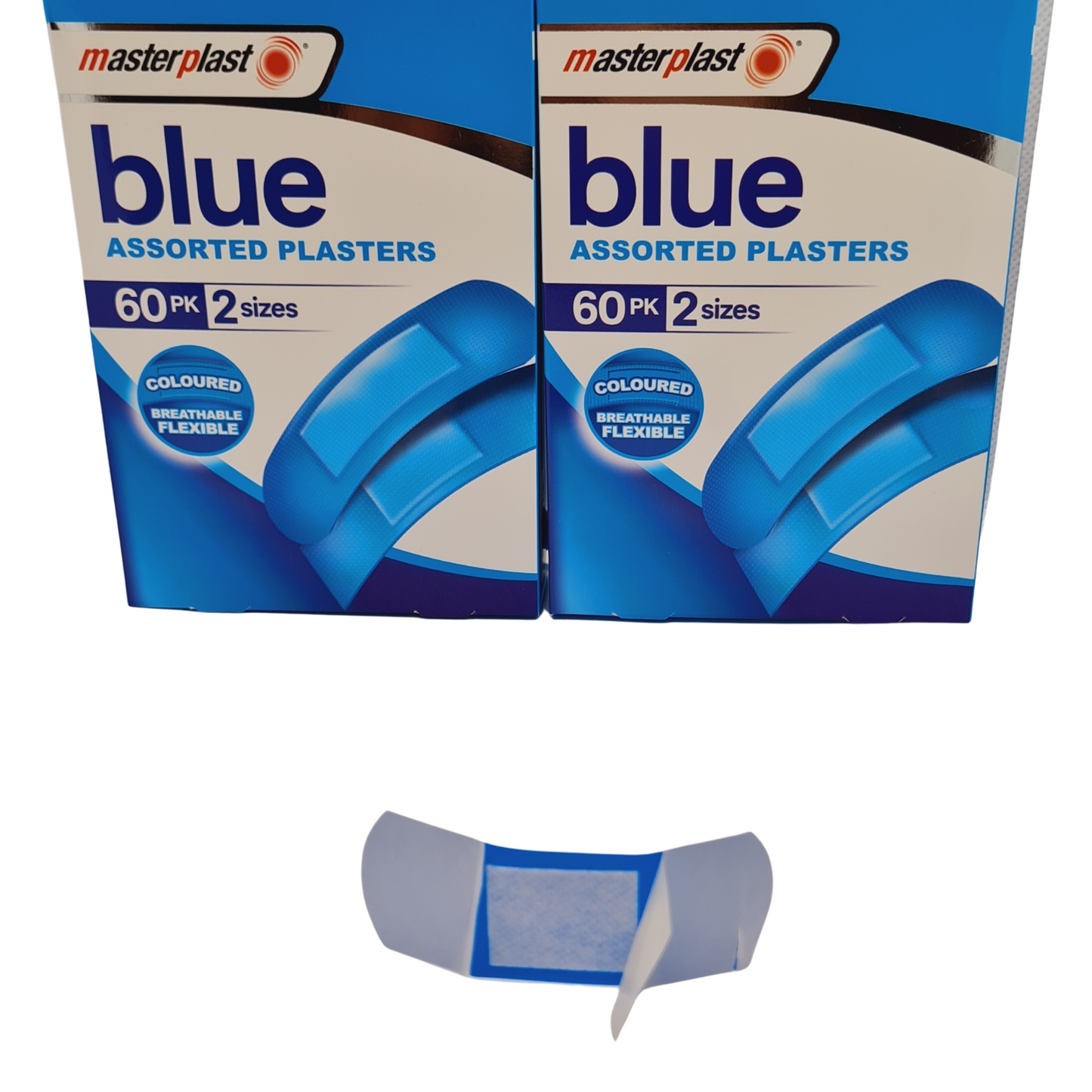 Two boxes of Masterplast blue assorted plasters on a white background