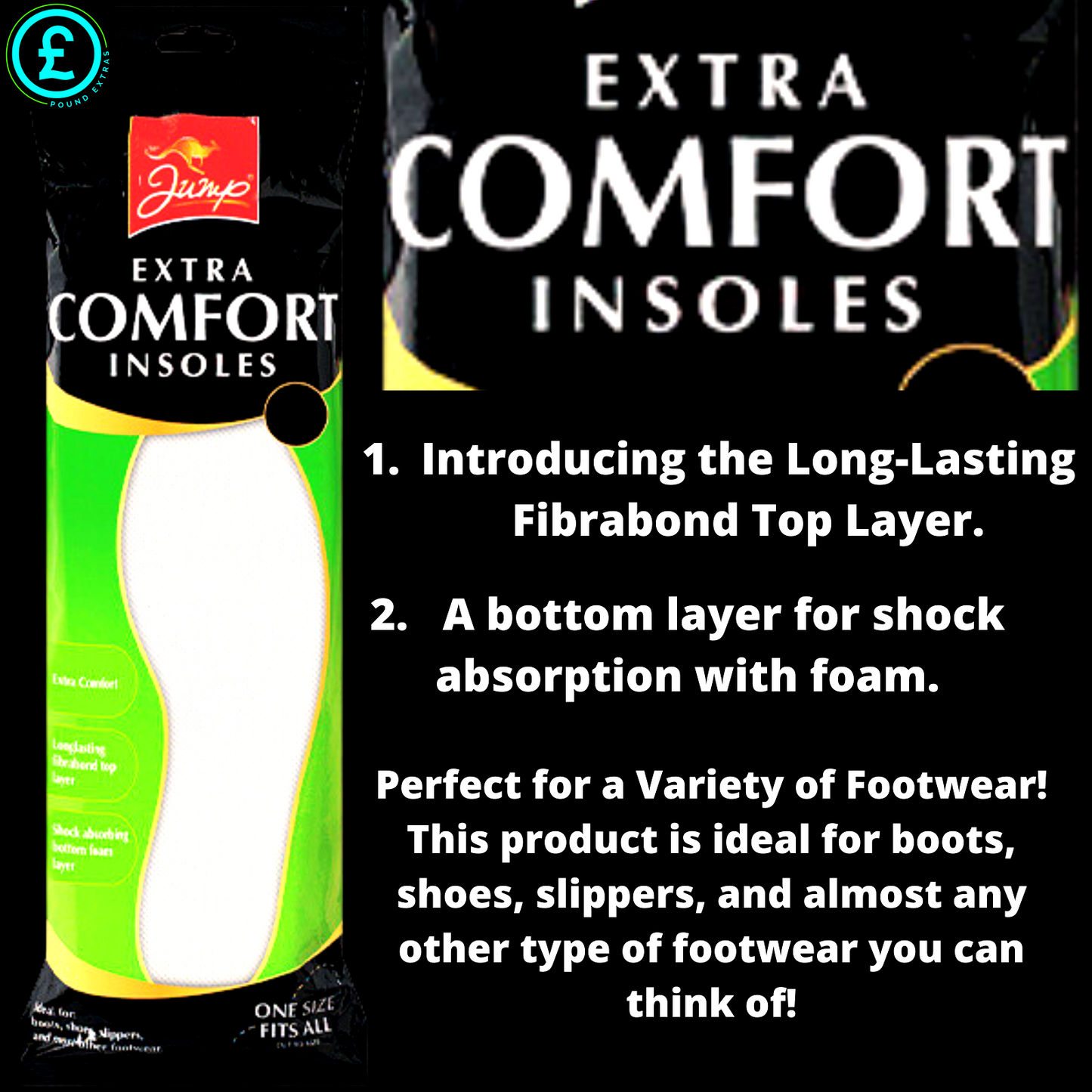 Advertisement for Jump Extra Comfort Insoles with product packaging and features listed.