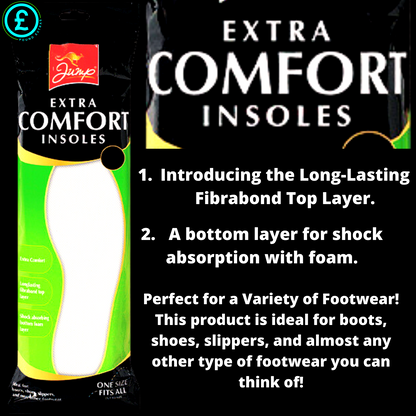 Advertisement for Jump Extra Comfort Insoles with product packaging and features listed.