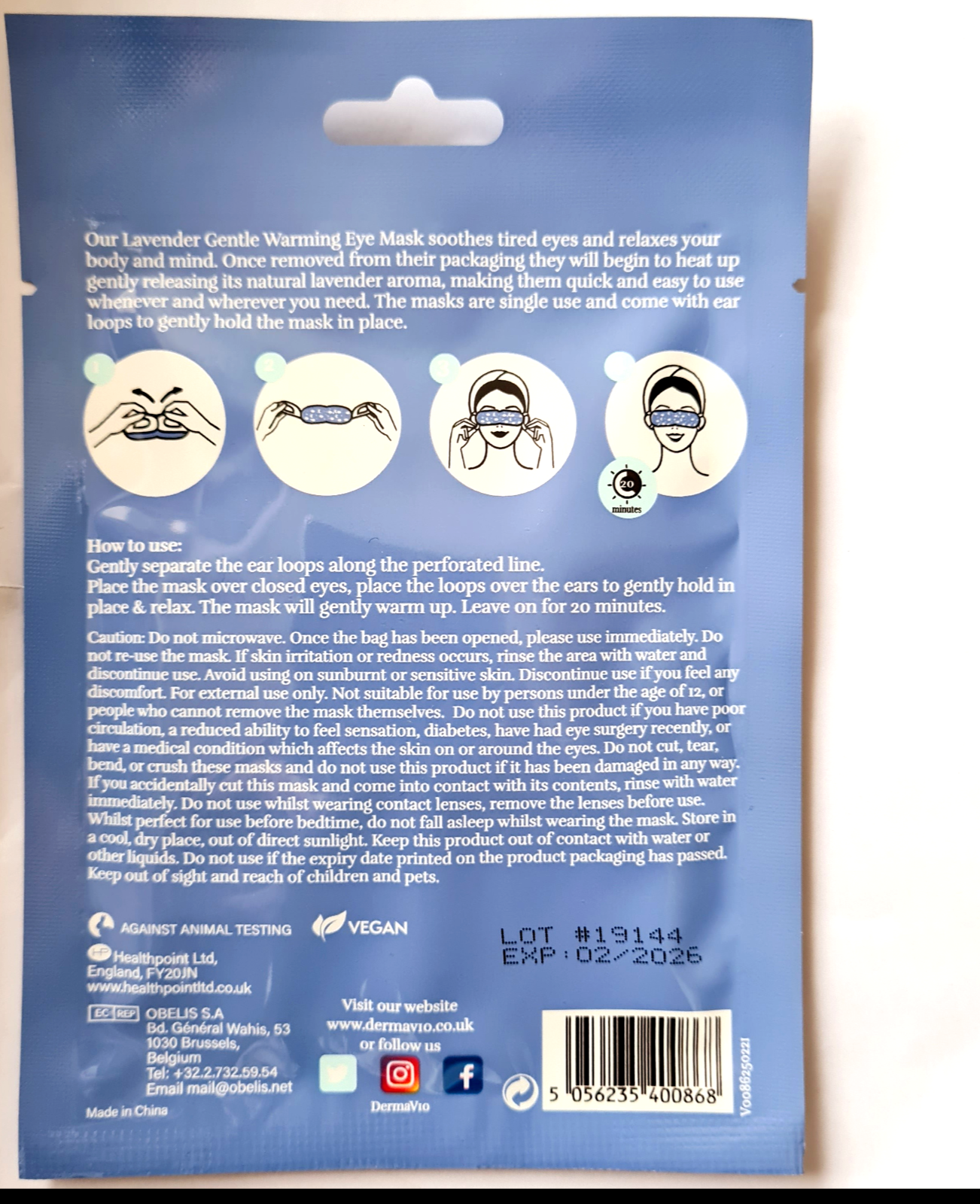 Back of a lavender eye mask packaging with text and icons
