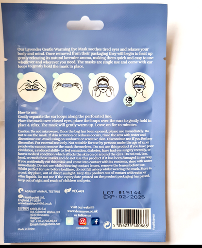 Back of a lavender eye mask packaging with text and icons