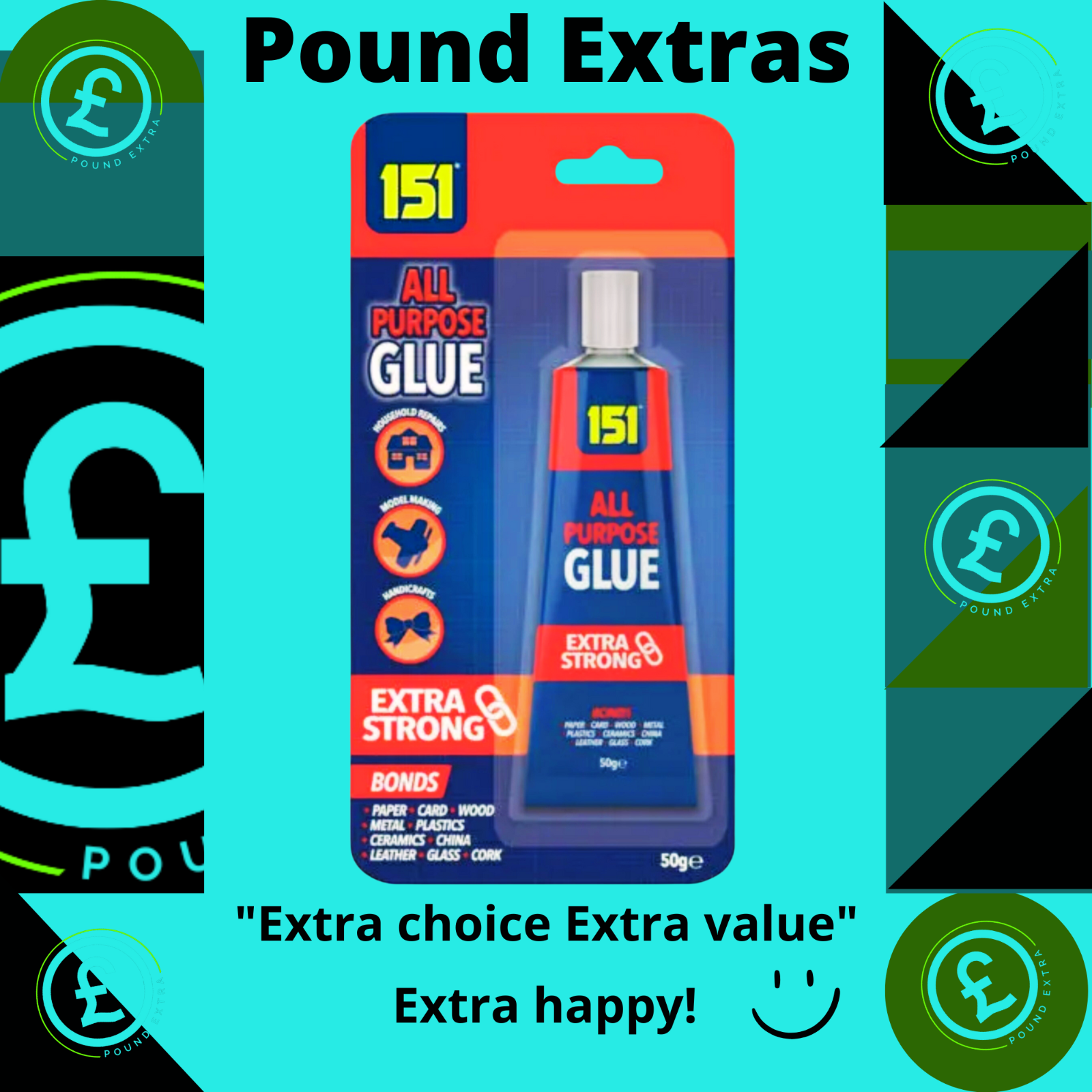 151 All Purpose Glue packaging with promotional text on a blue background