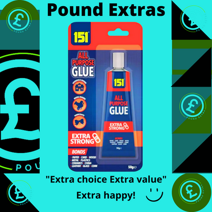 151 All Purpose Glue packaging with promotional text on a blue background