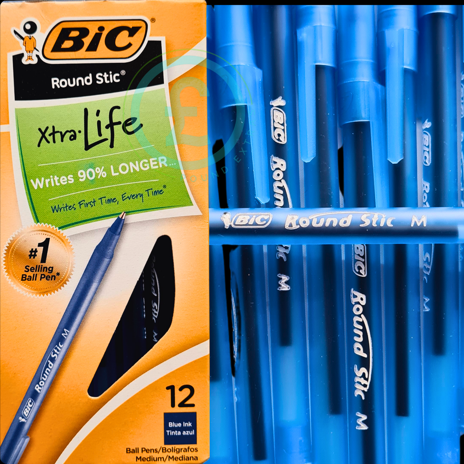 BIC Round Stic blue ballpoint pens with packaging on an orange background