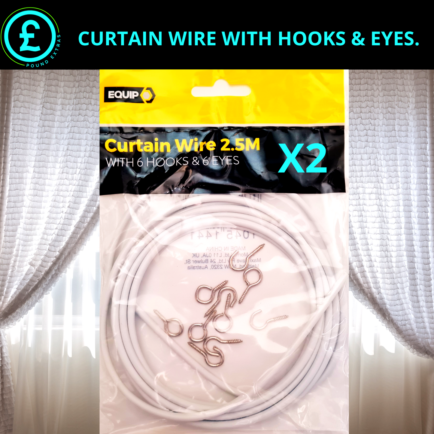 Packaged curtain wire with hooks and eyes on a white background