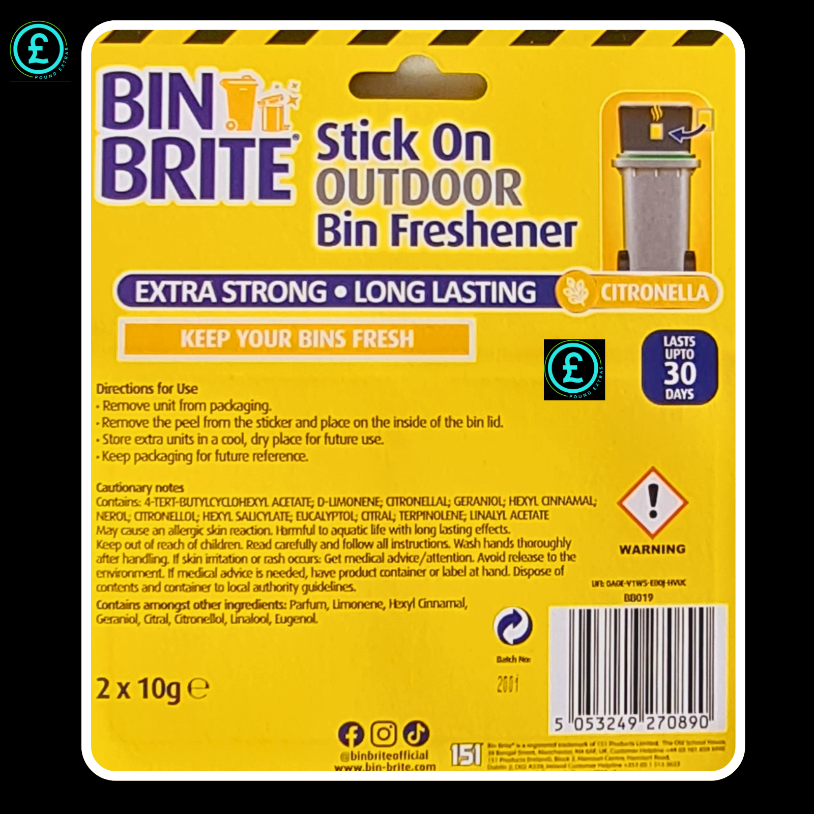Bin Brite Stick On Outdoor Bin Freshener packaging with yellow background and text.