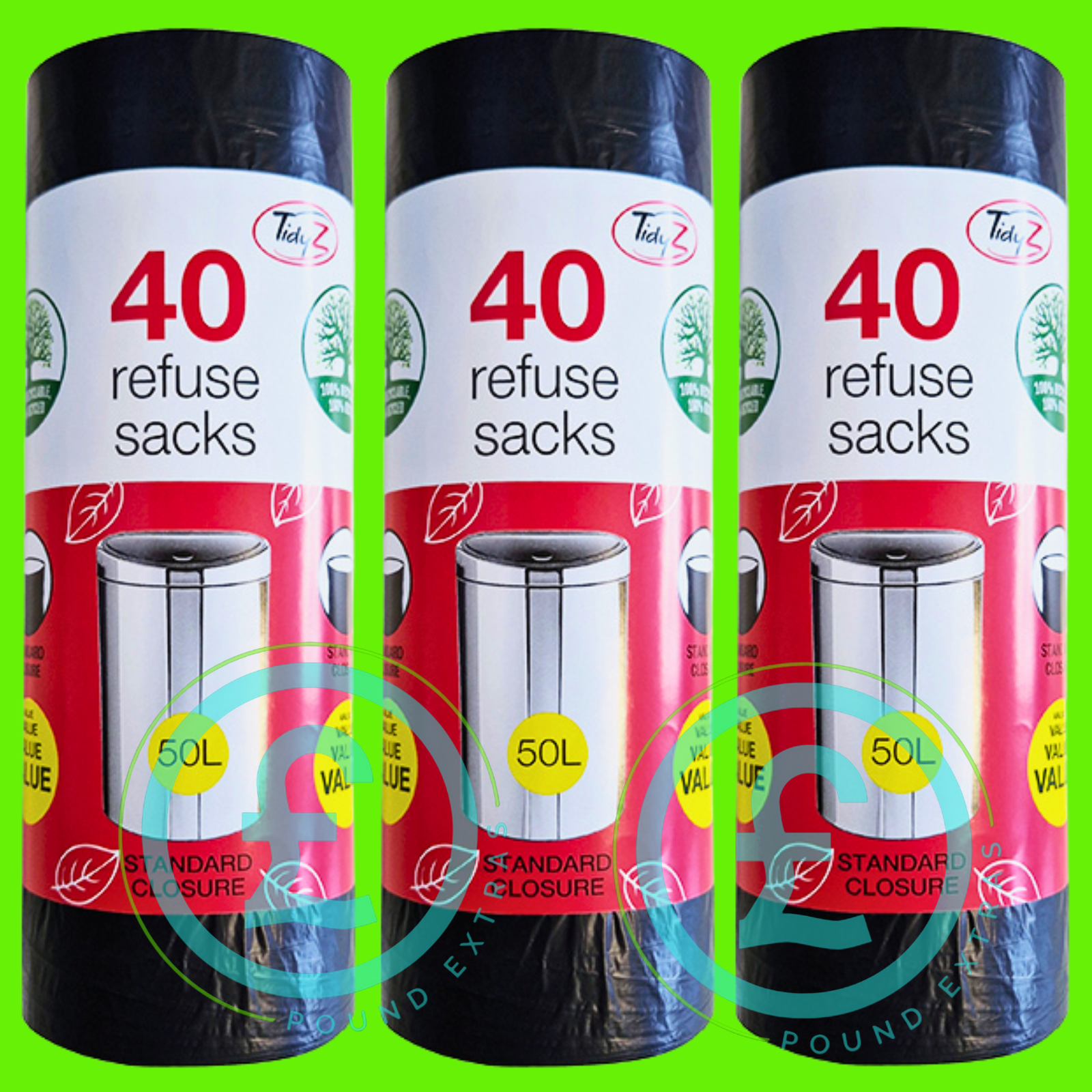  TidyZ 50L Refuse Sacks 120 Pack (3 Rolls) Strong Bin Bags Heavy Duty Black1