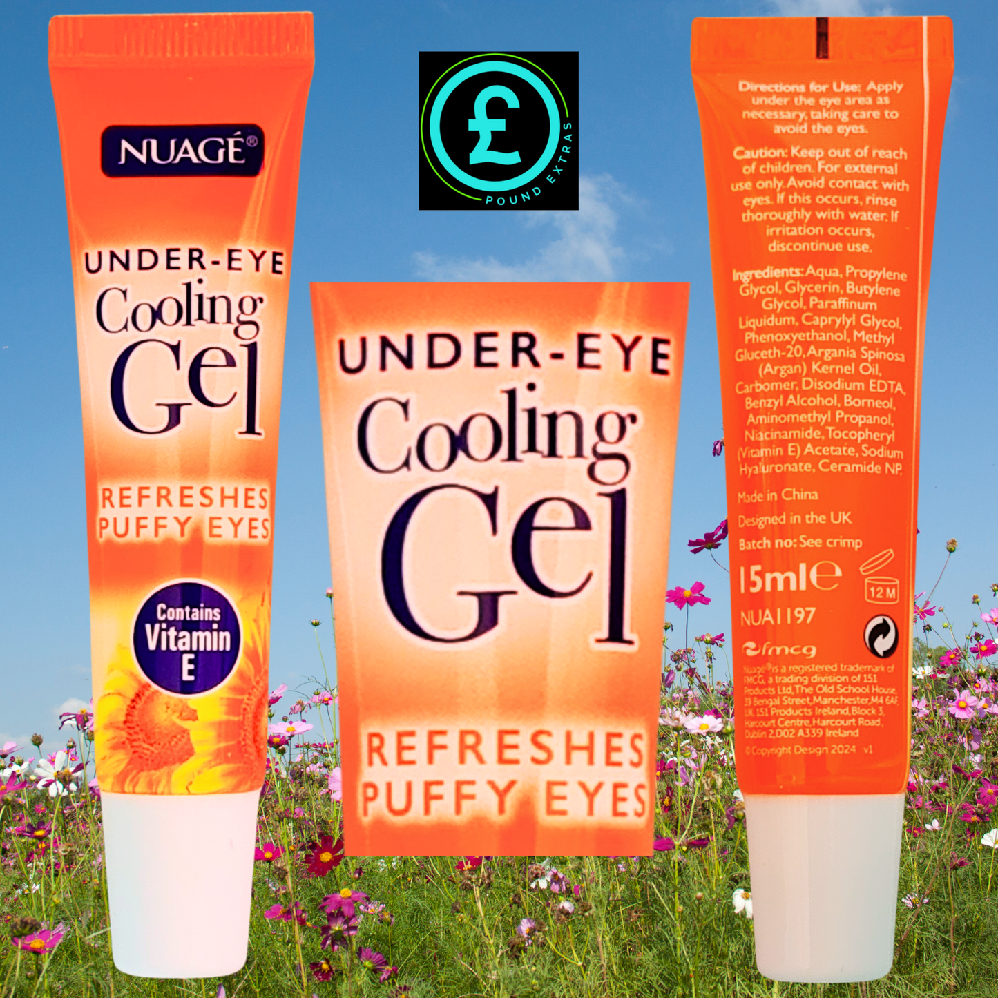 Two tubes of Nuáge under-eye cooling gel with a Pound Street logo in the background.