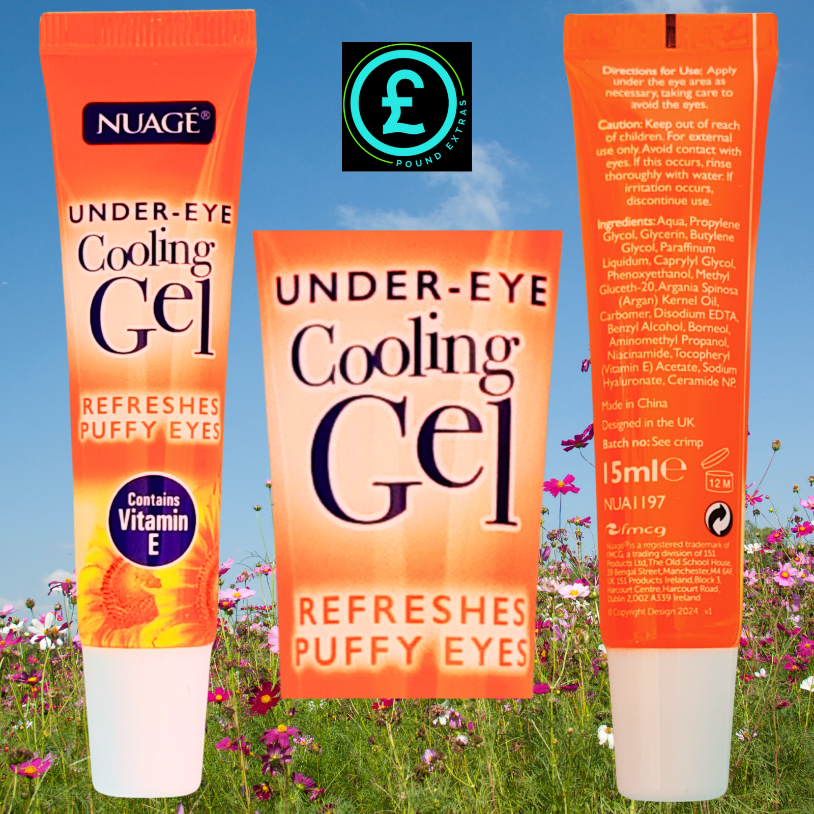 Two tubes of Nuáge under-eye cooling gel with a Pound Street logo in the background.
