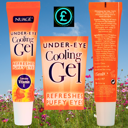 Two tubes of Nuáge under-eye cooling gel with a Pound Street logo in the background.
