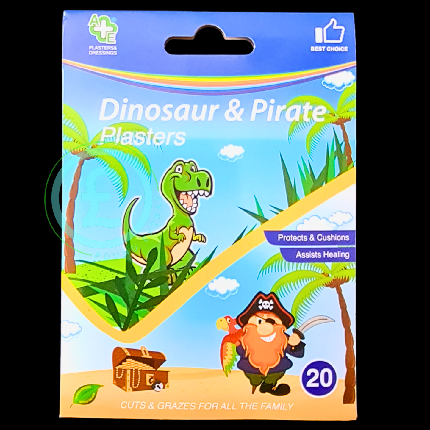 Pack of dinosaur and pirate plasters with cartoon characters on a blue background