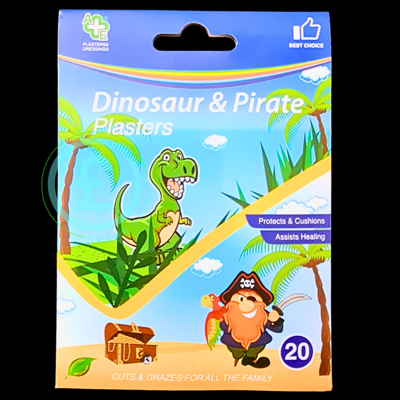 Pack of dinosaur and pirate plasters with cartoon characters on a blue background